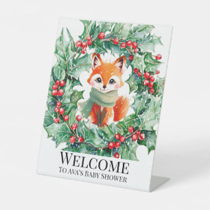 Winter Red Fox Green Berries Baby Shower Welcome Pedestal Sign