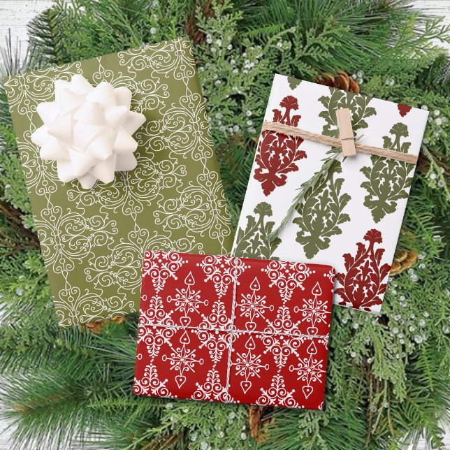 Winter Red Green Damask Traditional Christmas Wrapping Paper Sheet (Creator Uploaded)