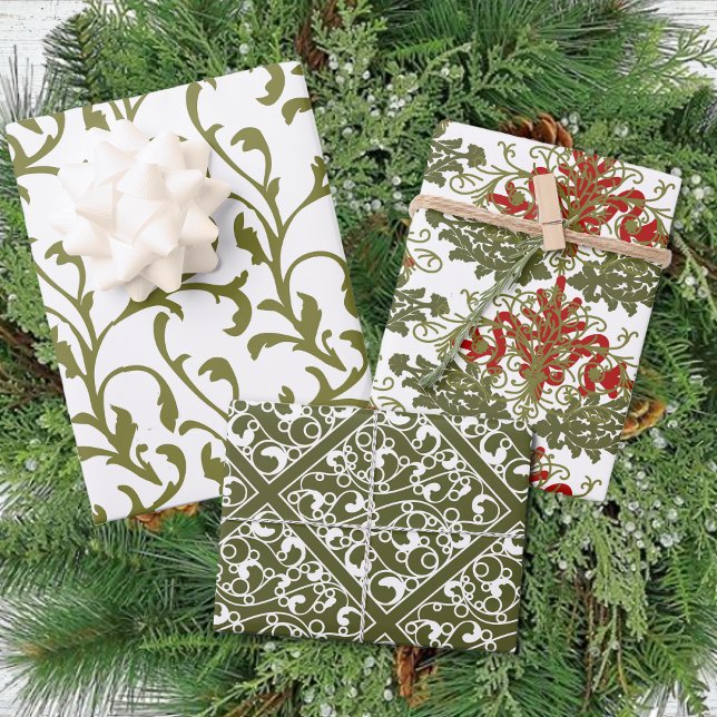 Winter Red Green Damask Traditional Christmas Wrapping Paper Sheet (Creator Uploaded)