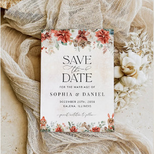 Winter Red Greenery Pinecone Save The Date Card