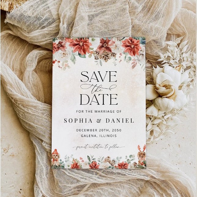 Winter Red Greenery Pinecone Save The Date Card (Creator Uploaded)