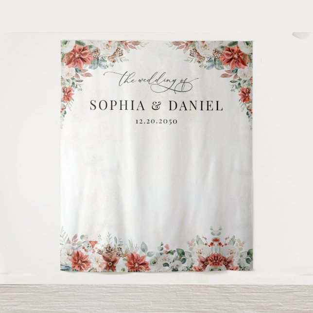 Winter Red Greenery Pinecone Wedding Backdrop Tapestry (Front)