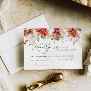 Winter Red Greenery Pinecone Wedding RSVP Card