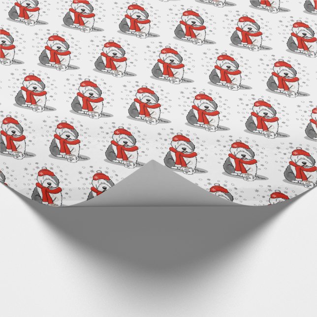 Winter (Red) Old English Sheepdog (Grey 1) Cute Wrapping Paper (Corner)