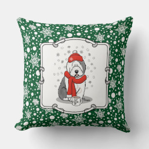 Winter (Red) Old English Sheepdog Grey 1 Holiday Cushion