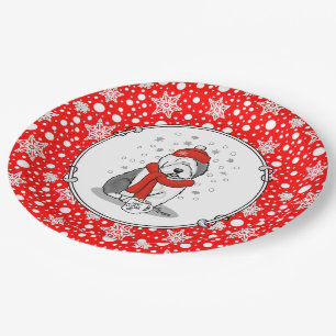 Winter (Red) Old English Sheepdog Grey 1 Holiday Paper Plate