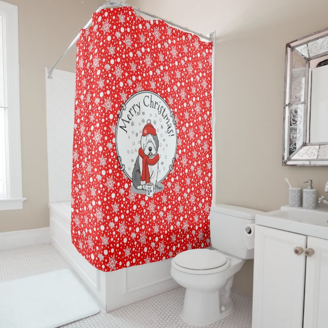 Winter (Red) Old English Sheepdog  Grey 1 Holiday Shower Curtain (In Situ)