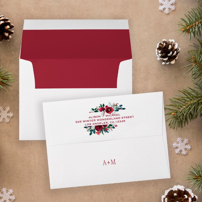 Winter red peonies elegant wedding monogram envelope (Creator Uploaded)