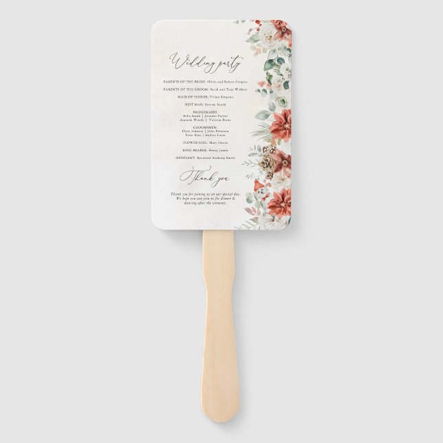 Winter Red Pinecone Wedding Program Hand Fan (Back)