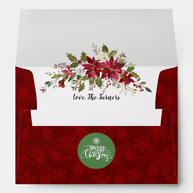 Winter Red Poinsettia Red Glitter Wedding Envelope (Back (Bottom))
