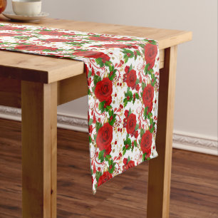 Winter Red Roses and Holly Pattern Medium Table Runner