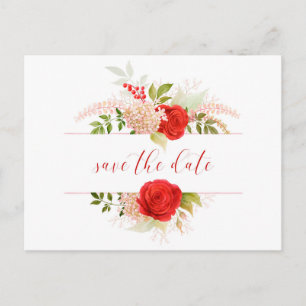 Winter Red Roses & Greenery Save The Date Postcard