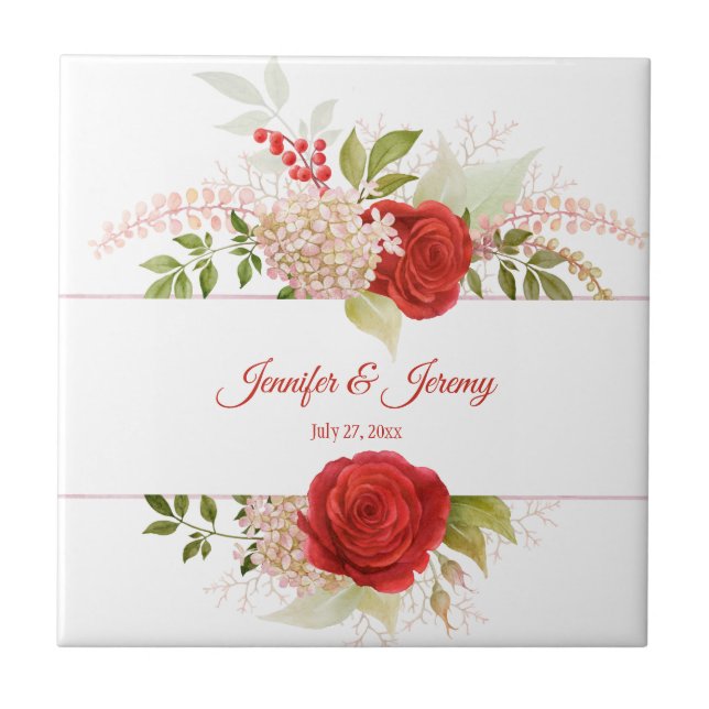 Winter Red Roses & Greenery Wedding Keepsake | Tile (Front)