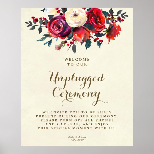 winter red roses unplugged wedding ceremony sign (Front)