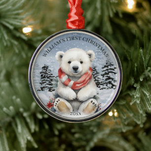 Winter Red Scarf Polar Bear Baby's First Christmas Metal Tree Decoration