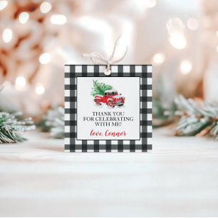 Winter Red Truck black Buffalo Plaid Birthday Favour Tags