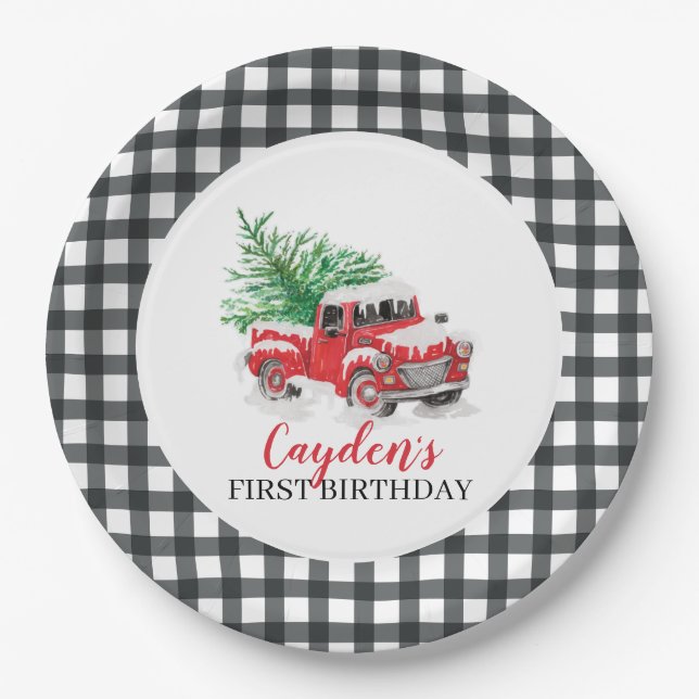 Winter Red Truck First Birthday Black Plaid Paper Plate (Front)