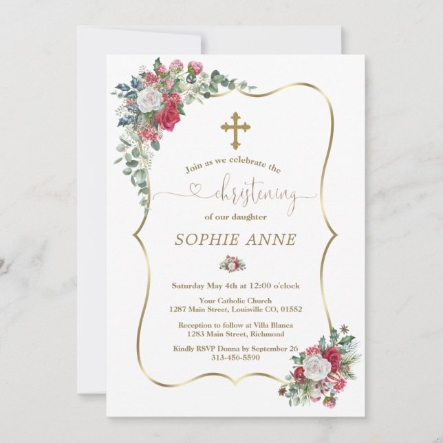 Winter Red White Flowers Gold Girl Christening Invitation (Front)