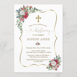 Winter Red White Flowers Gold Girl Christening Invitation