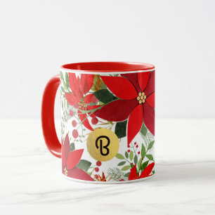 Winter Red White Gold Poinsettia Holiday Custom Mug