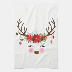 Winter Red White Gold Poinsettia Holiday Whimsical Tea Towel