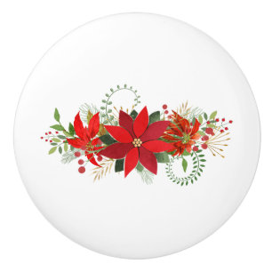 Winter Red White Poinsettia Holiday Floral Ceramic Knob