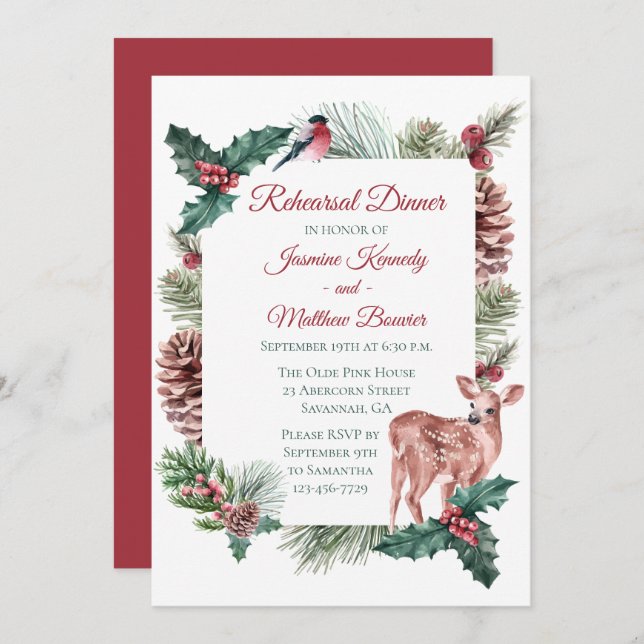 Winter Rehearsal Dinner Deer Red Christmas Floral Invitation (Front/Back)