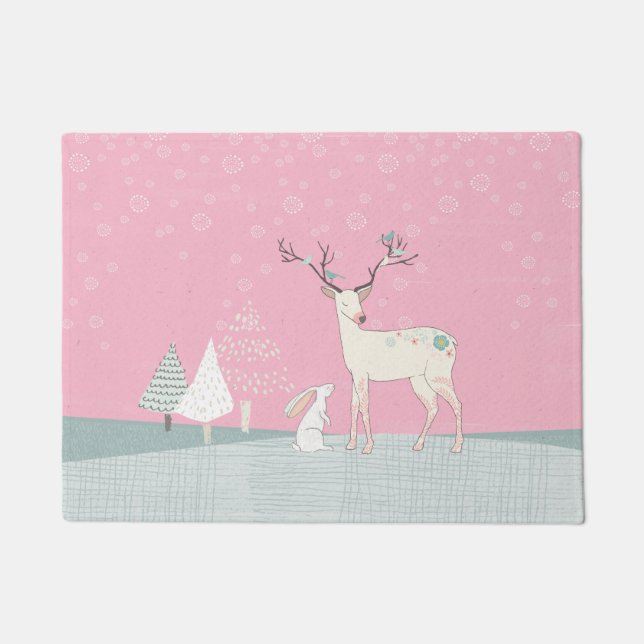 Winter Reindeer and Bunny in Falling Snow Doormat (Front)