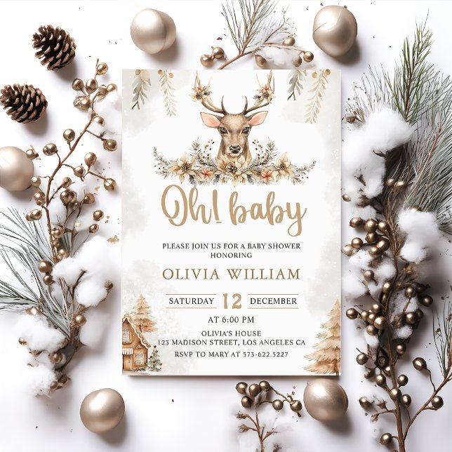 Winter Reindeer Floral Christmas Baby Shower Invitation (Creator Uploaded)
