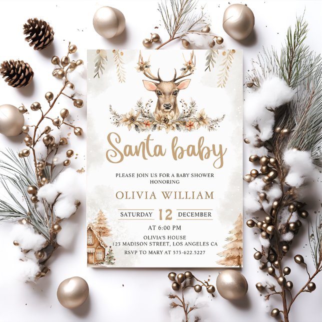 Winter Reindeer Floral Christmas Baby Shower Invitation (Creator Uploaded)