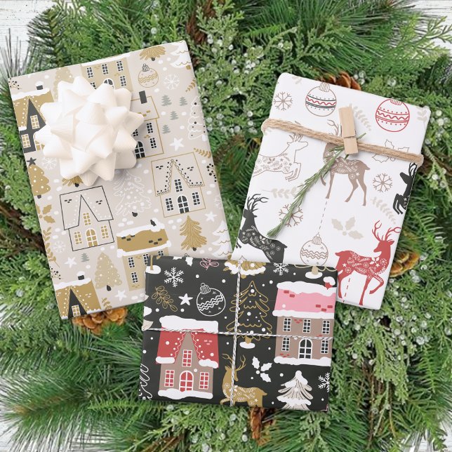 Winter Reindeer Houses Traditional Christmas Wrapping Paper Sheet (Creator Uploaded)