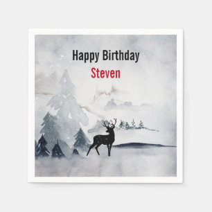 Winter Reindeer Rustic Grey Watercolor Birthday Napkin