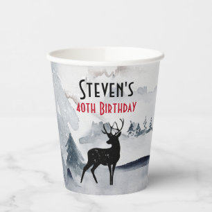 Winter Reindeer Rustic Grey Watercolor Birthday Paper Cups