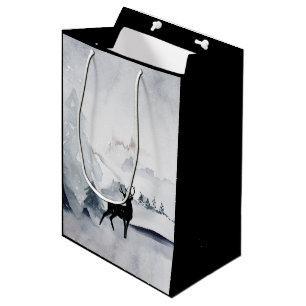 Winter Reindeer Rustic Grey Watercolor Medium Gift Bag