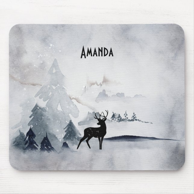 Winter Reindeer Rustic Grey Watercolor Mouse Pad (Front)