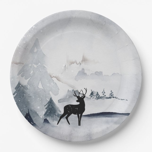 Winter Reindeer Rustic Grey Watercolor Paper Plate (Front)