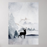 Winter Reindeer Rustic Grey Watercolor
