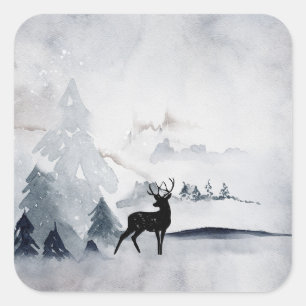 Winter Reindeer Rustic Grey Watercolor Square Sticker