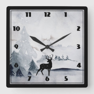 Winter Reindeer Rustic Grey Watercolor Square Wall Clock