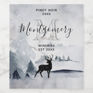 Winter Reindeer Rustic Grey Watercolor Wine Making Label