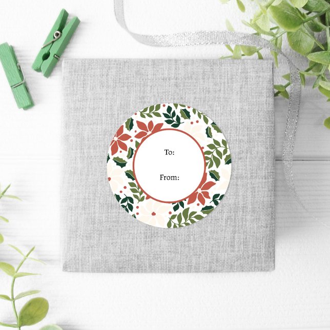 Winter Retro Floral Poinsettia Christmas Classic Round Sticker (Creator Uploaded)