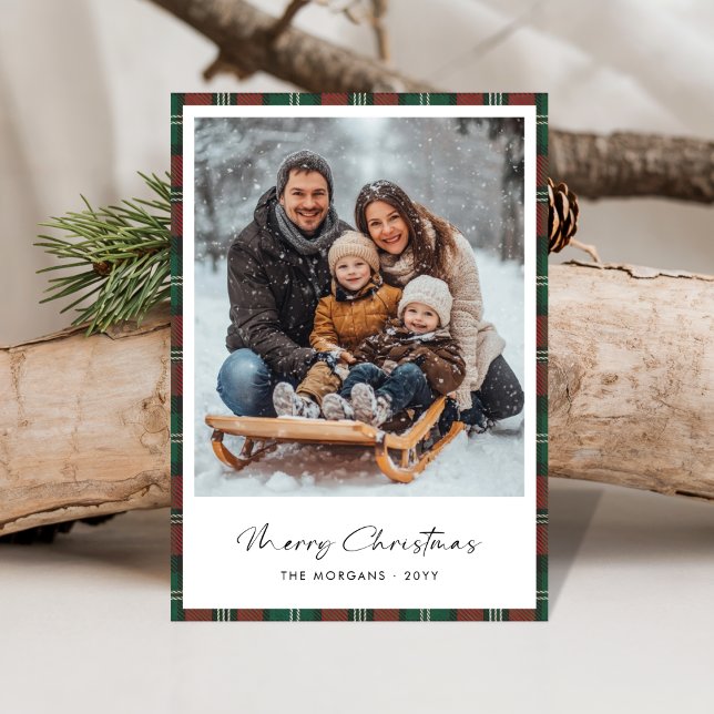 Winter Ride Snow Fun Photo Plaid Christmas Card (Creator Uploaded)