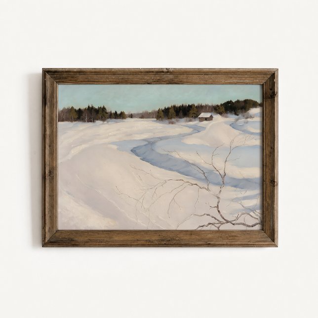 Winter River Cabin Landscape Poster (Winter River Cabin Wall Art Poster - close-up view (frame/decor not included))