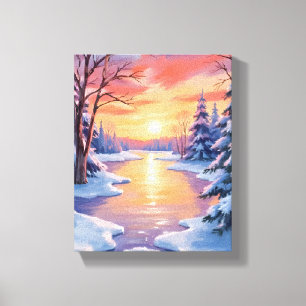 Winter River Sunset Landscape Snow Watercolor Canvas Print