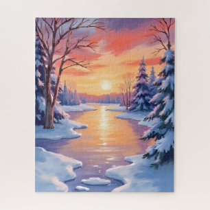 Winter River Sunset Landscape Snow Watercolor Jigsaw Puzzle