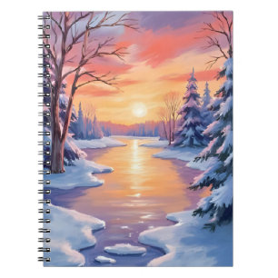 Winter River Sunset Landscape Snow Watercolor Notebook
