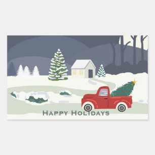 Winter Road Red truck Christmas Rectangular Sticker