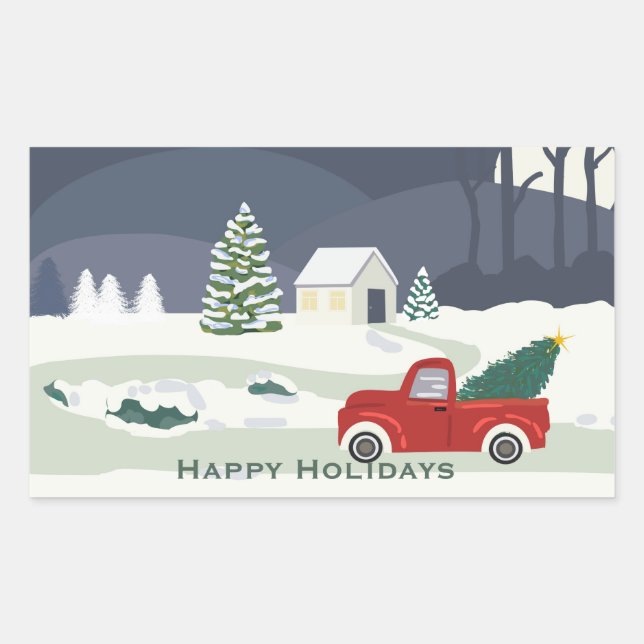 Winter Road Red truck Christmas Rectangular Sticker (Front)