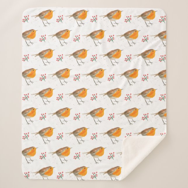 Winter Robin Bird Pattern Watercolor Christmas Sherpa Blanket (Front)