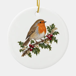 Winter Robin on Snowy Holly and Burgundy Berries Ceramic Tree Decoration